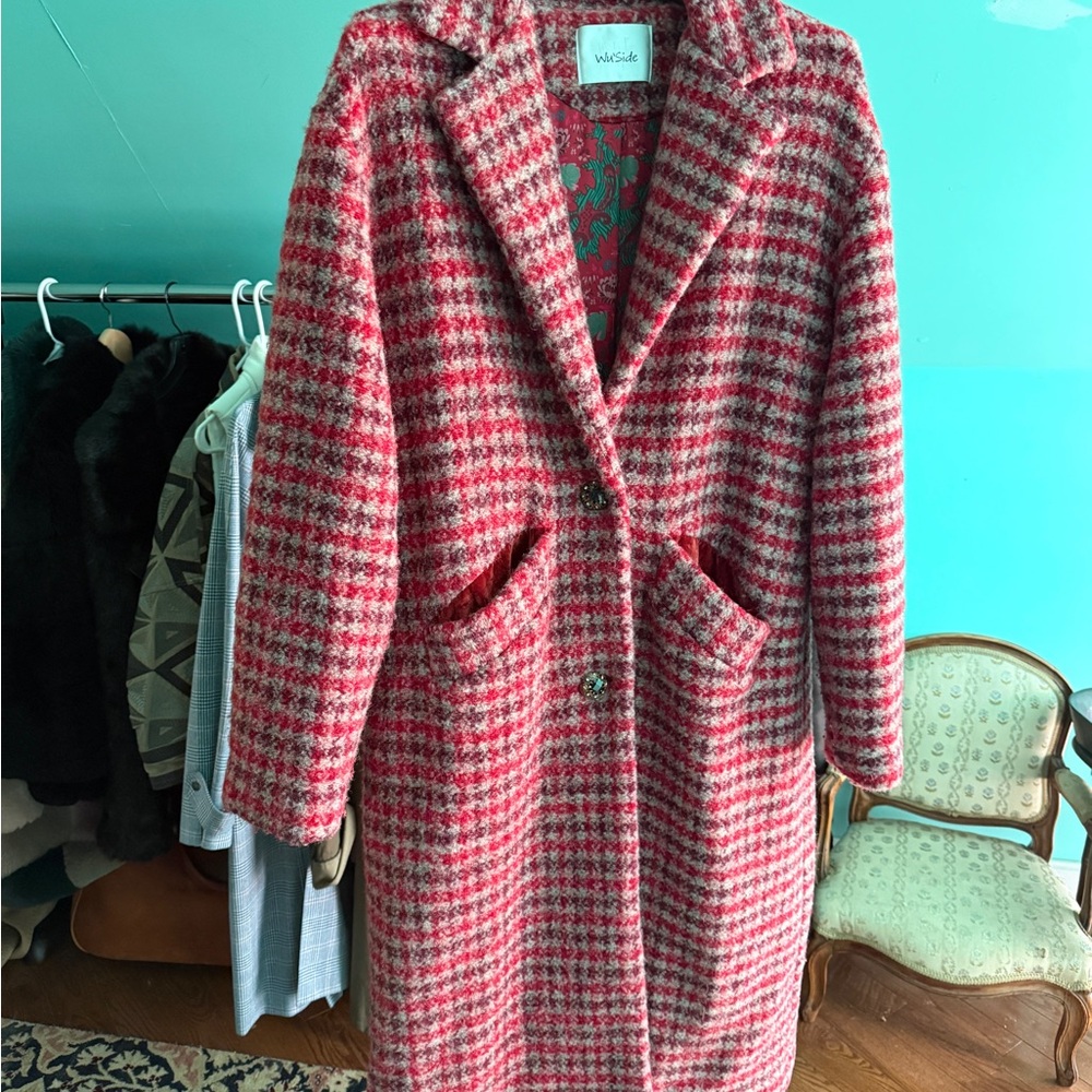 Wuside Women's Red plaid maxi Wool coat maiden in Italy. Oversized.